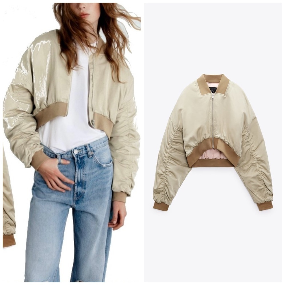 NEW Zara Nude Cream Satin Effect Cropped Ruched Sleeves Bomber 4432/834